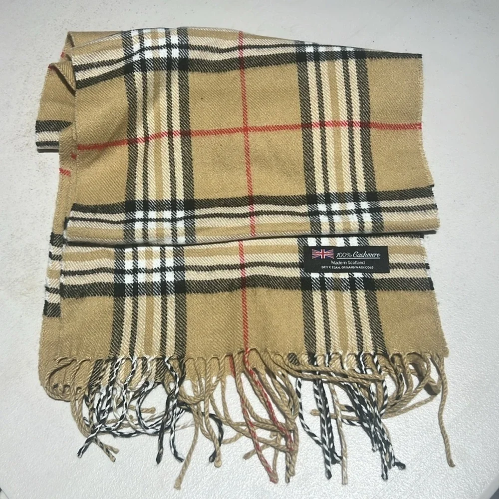 Burberry Tan Plaid Cashmere Scarf 12x64